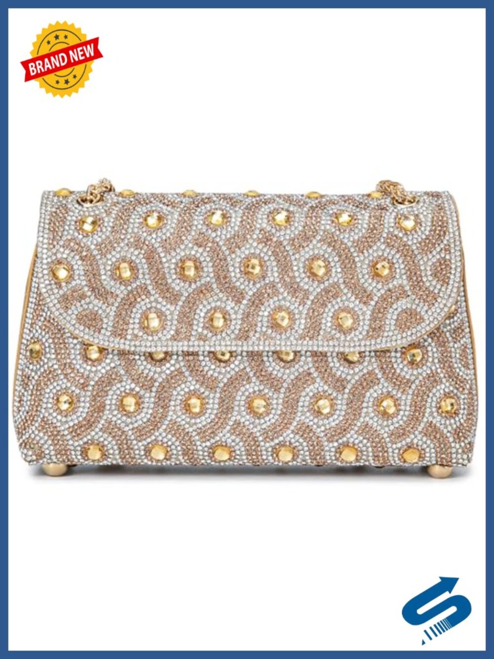 Rhinestone Faux Leather Evening Clutch Crossbody Square Bag with Chain Strap